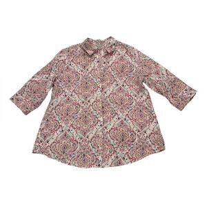 Chico's Womens 12/14 Paisley 100% Linen Button Down Blouse Lightweight Spring